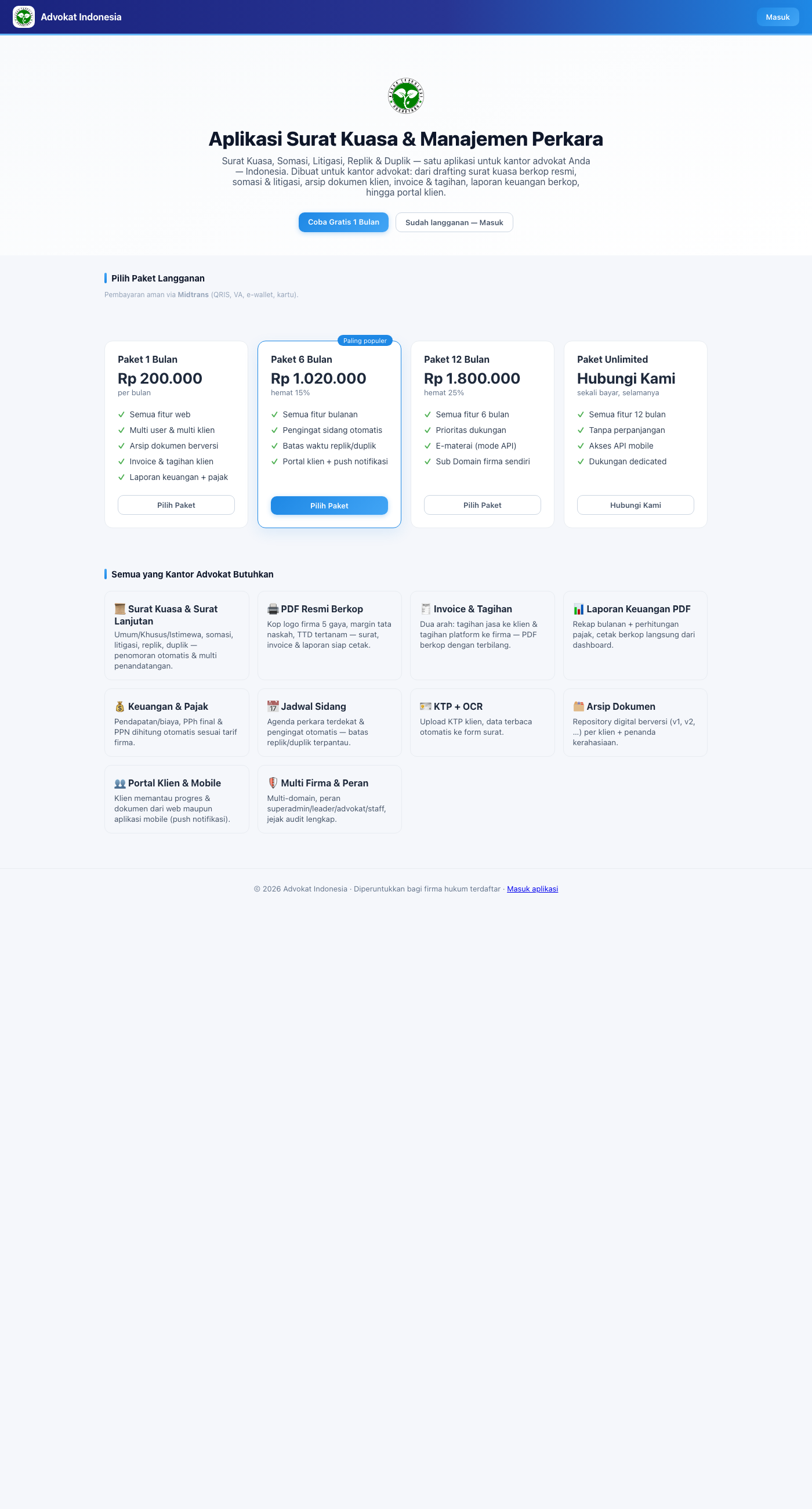 Landing page β pilihan paket langganan & tombol trial gratis