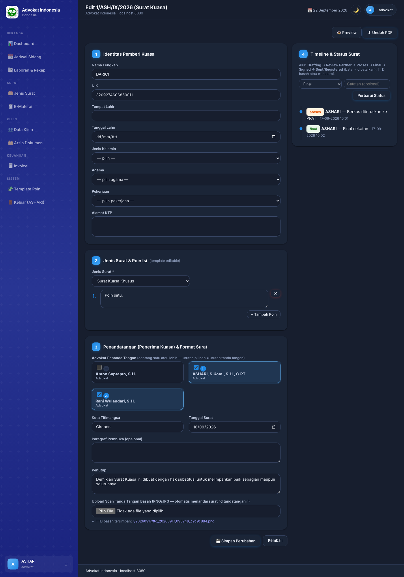 Edit surat β kolom kiri Timeline & Status, kolom kanan form isi + upload TTD basah