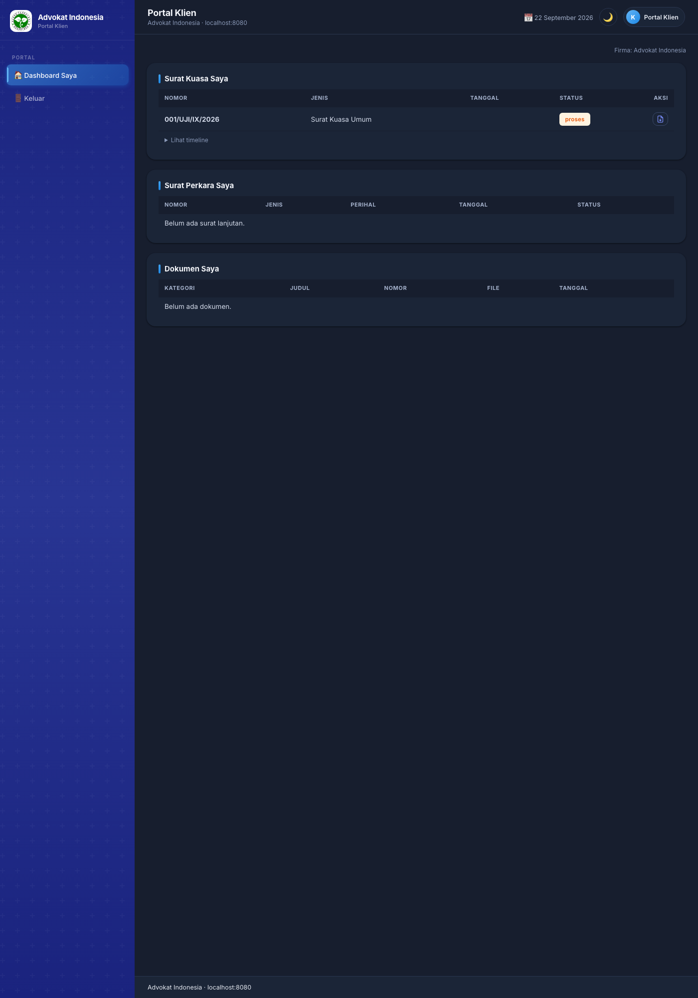 Portal Klien β surat kuasa saya + timeline, surat perkara, dokumen saya